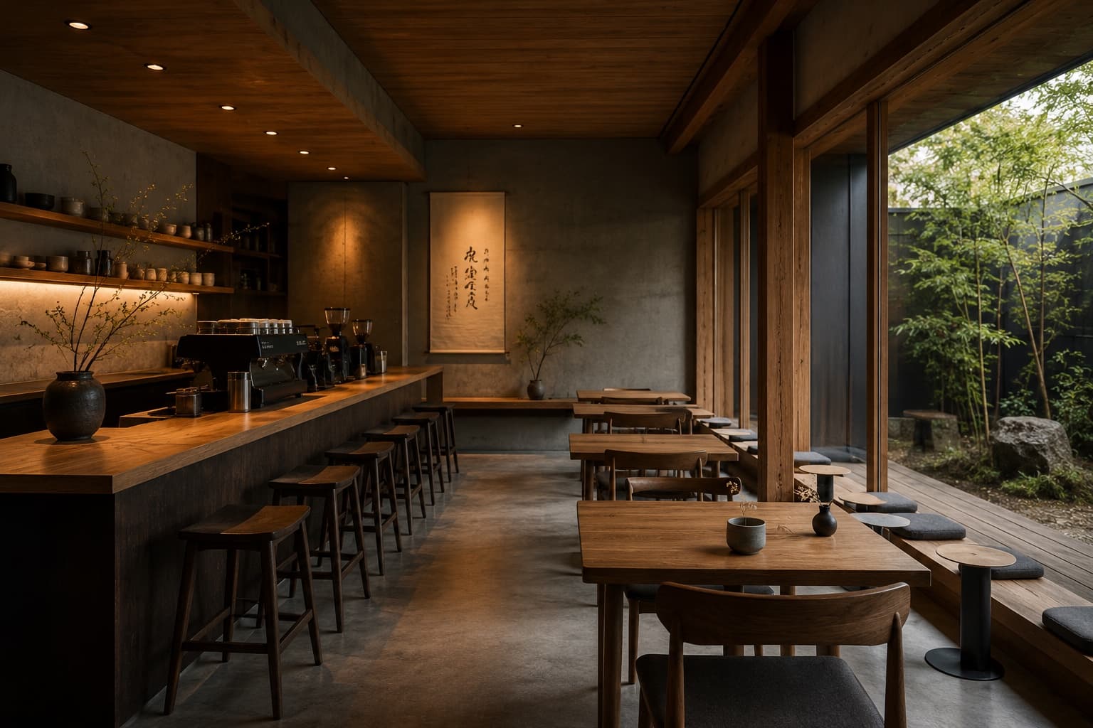 Minimalist café with a long timber counter, a hanging calligraphy scroll, and a garden view.