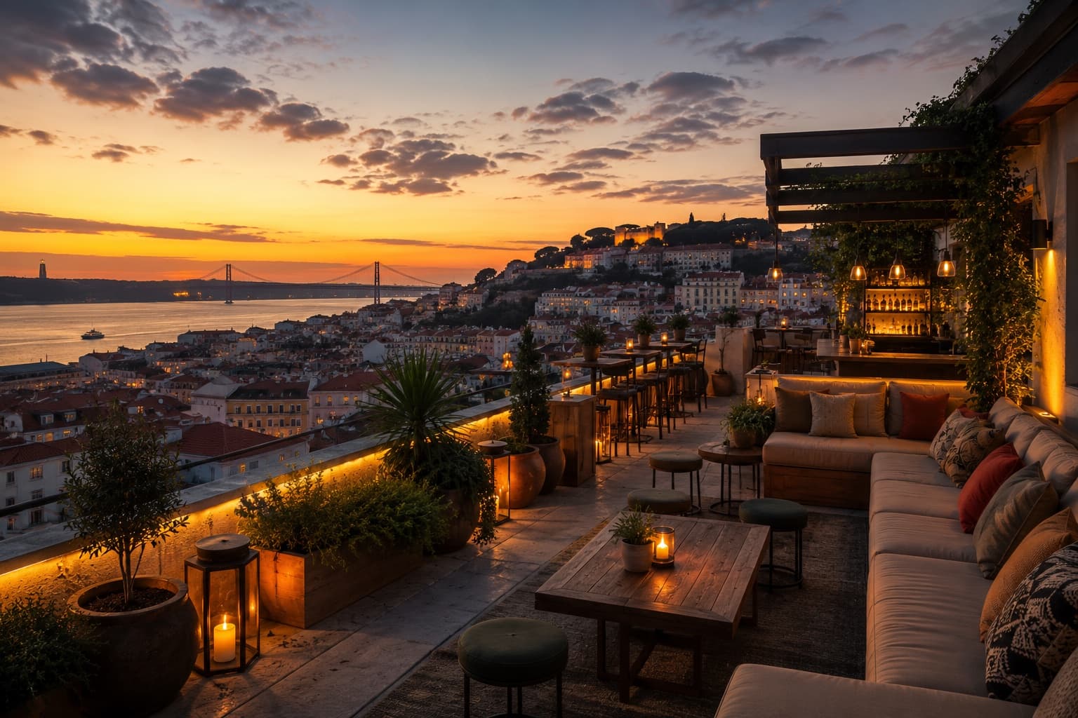 Candlelit rooftop terrace overlooking a hillside city skyline and river at sunset.