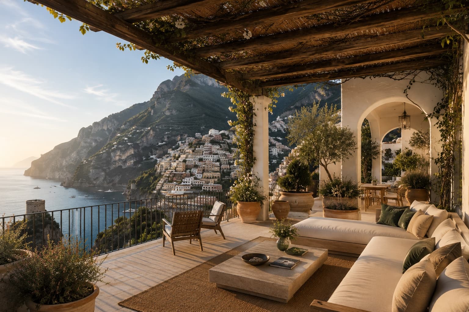 Vine-shaded Mediterranean villa terrace overlooking a cliffside coastal town at golden hour.