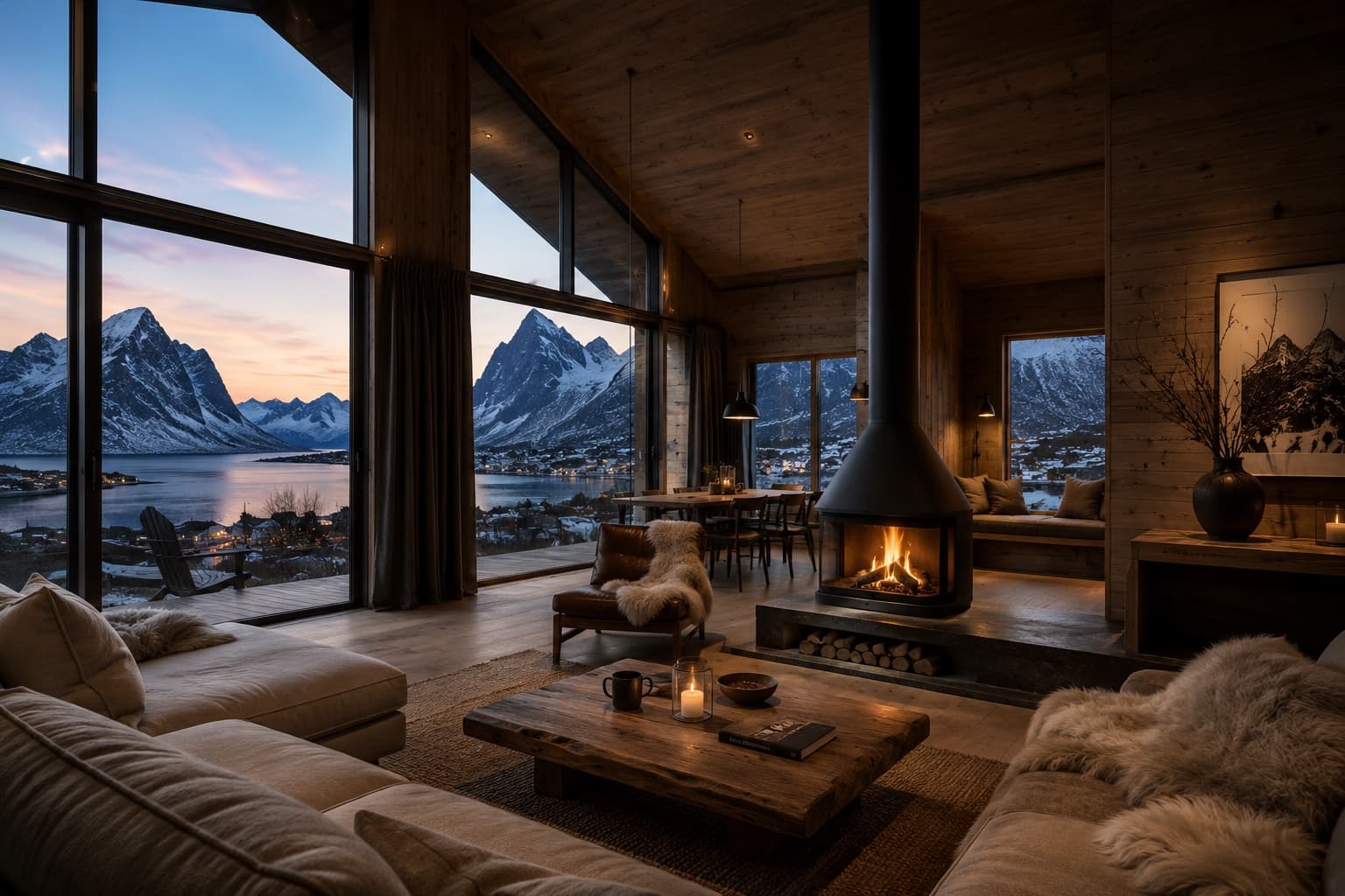 Warm timber cabin interior with a wood fire and floor-to-ceiling glass over a snowy fjord at dusk.